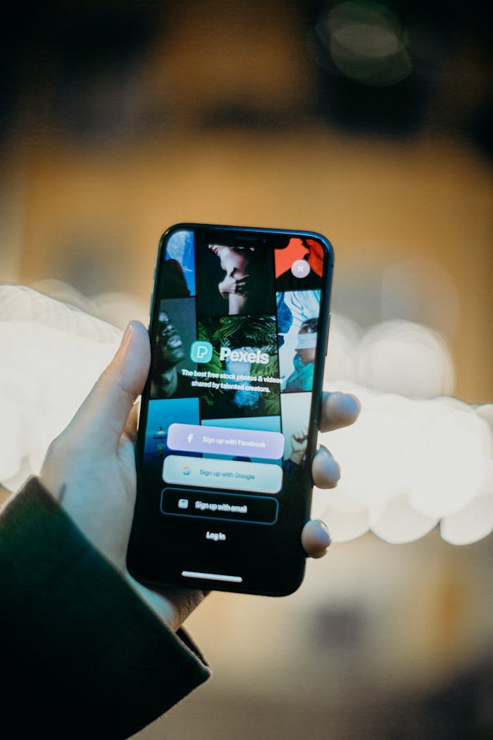 Mastering the First Impression: Your intriguing post title goes here A person holding a smartphone displaying the Pexels app, highlighting the login screen.